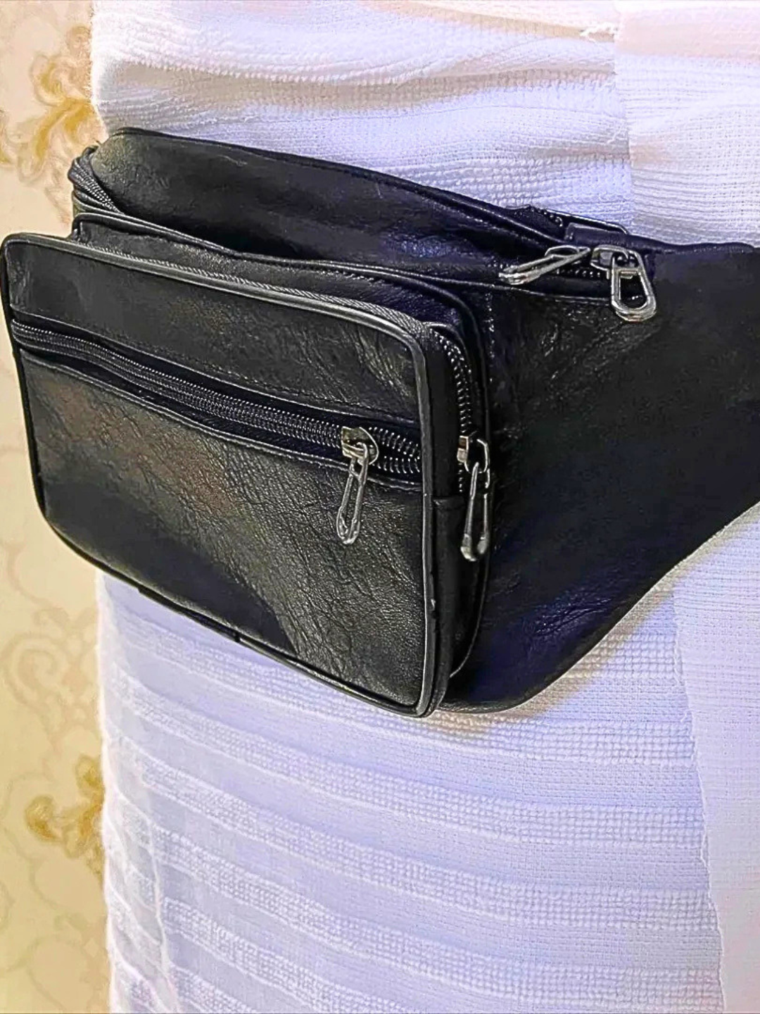 Black Leather Waist Belt Adjustable with Storage Pockets