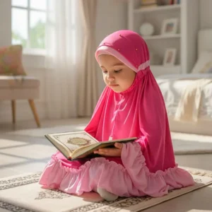 Young Muslim child in bright pink hijab with ruffled dress focused on reading Quran during prayer time at home
