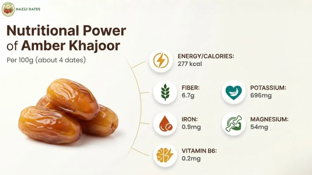 Amber khajoor nutritional infographic showing fiber, potassium, magnesium, iron, and vitamin content per 100g with icons