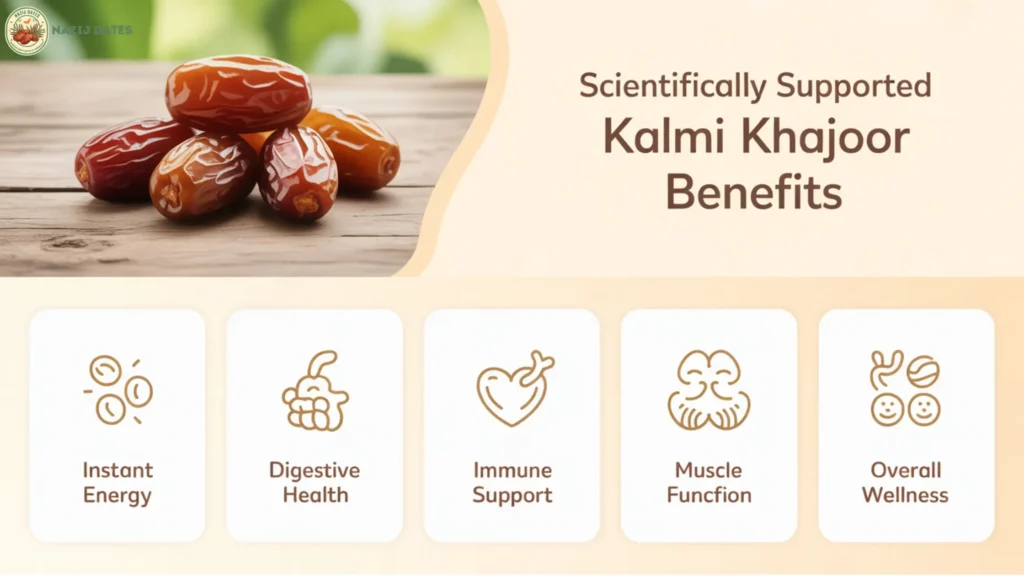 Infographic showing six scientifically supported health benefits of Kalmi Khajoor dates including instant energy, digestive health, immune support, heart health, muscle function, and overall wellness, with fresh dates displayed at the top