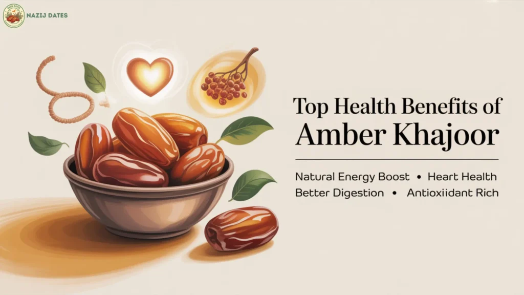 Amber Khajoor dates showing health benefits including natural energy boost, improved digestion, heart health support, and antioxidant power